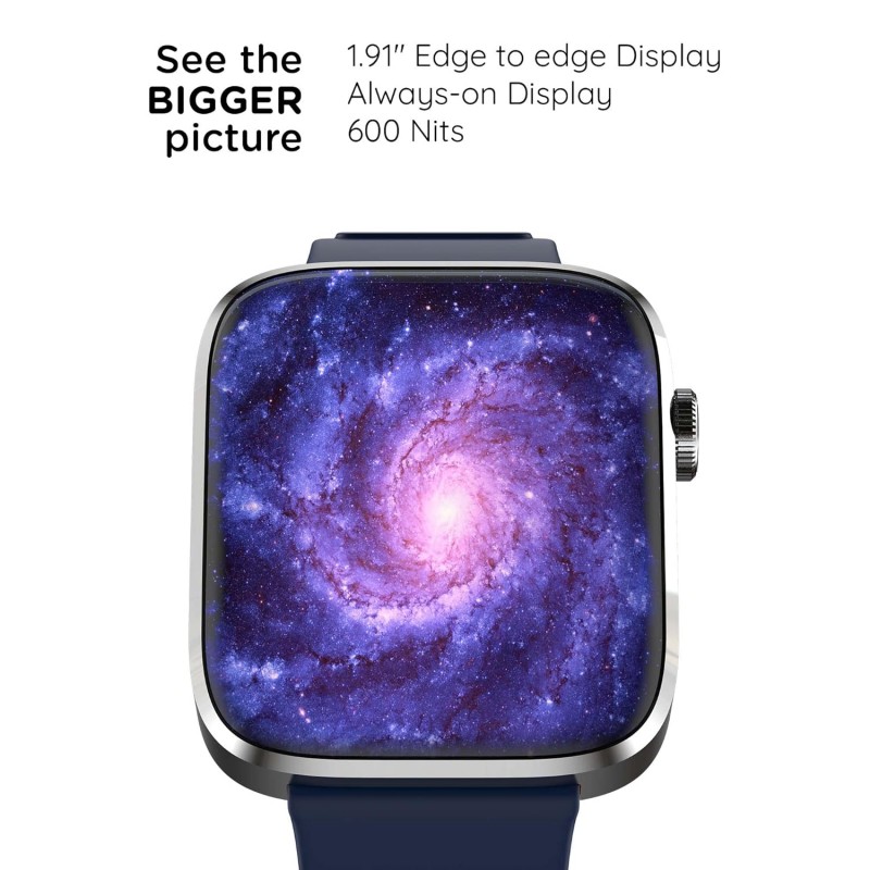 Newly Launched Pebble Cosmos Prime Bluetooth Calling Smart Watch,Largest 1.91" Bezel-less Edge-to-Edge Display,600 Nits Brightness,Sleek Metallic Body, Wireless Charging, Health Suite(Moon light Blue)