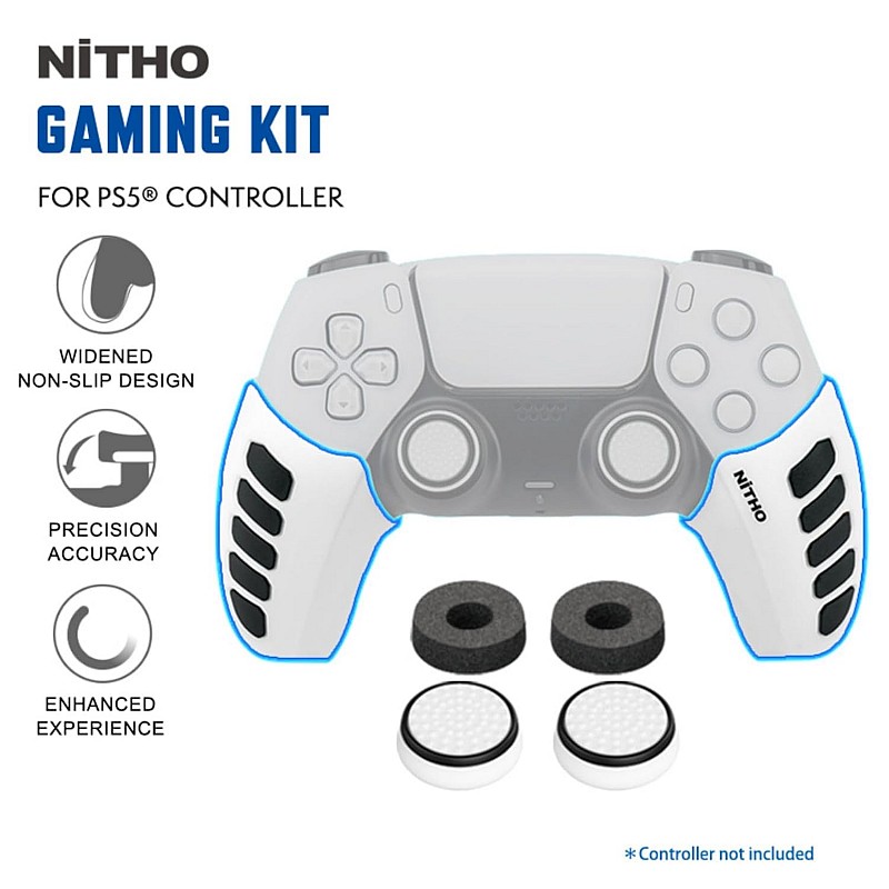 NiTHO Gaming Kit for PS5 Dualsense Controller, Customizing Anti-Slip Protective Cover Grip Handle with Thumb Grip Caps and Analog Mini-Stick Precision Rings, Enhancers Accessories for PS5 - White