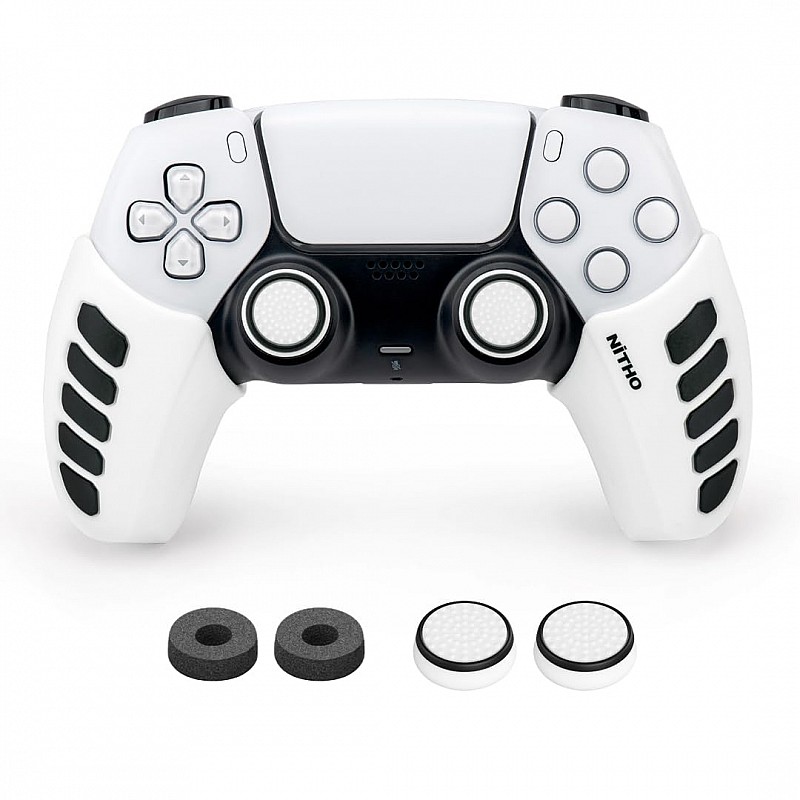 NiTHO Gaming Kit for PS5 Dualsense Controller, Customizing Anti-Slip Protective Cover Grip Handle with Thumb Grip Caps and Analog Mini-Stick Precision Rings, Enhancers Accessories for PS5 - White