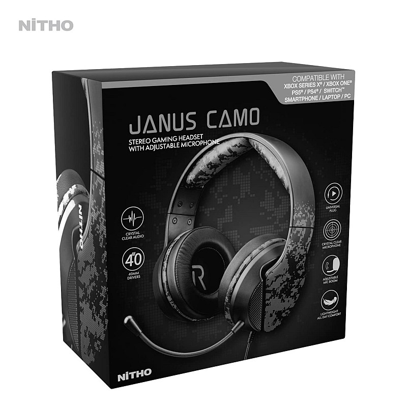 Nitho Janus Gaming Headset with Microphone, Over-Ear Stereo Headphones for Xbox Series X|S, Xbox One, PS5, PS4, Nintendo Switch, PC, Mobile, 3.5 mm Audio Jack, 40 mm Drivers - Camo