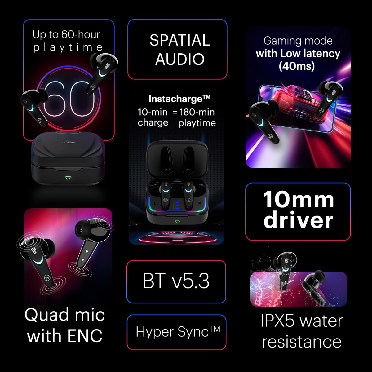 Noise Newly Launched Buds Combat X in Ear Truly Wireless Gaming Earbuds with 40Ms Low Latency, 60H of Playtime, Spatial Audio, RGB Lights,Instacharge(10 Min=180 Min),10Mm Driver,Bt V5.3(Black)