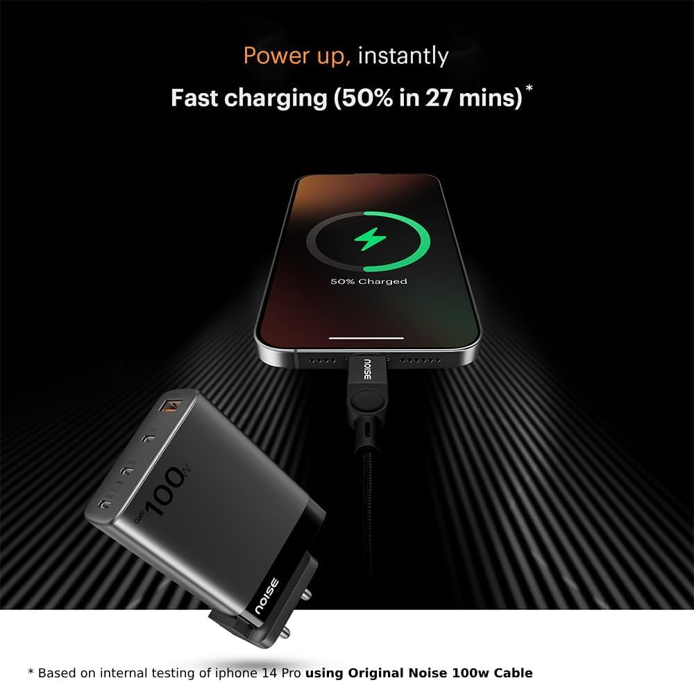 Noise Power Series 100W GaN Charger: Fast Charging Adapter, 4 Ports (3 USB-C + 1 USB-A), Globally Compatible, iPhone 0 to 50% in 27mins, Supports All iPhones, Android Phones, Laptops, Macbooks (Black) Noise Power Series 100W GaN Charger: Fast Charging Adapter, 4 Ports (3 USB-C + 1 USB-A), Globally Compatible, iPhone 0 to 50% in 27mins, Supports All iPhones, Android Phones, Laptops, Macbooks (Black)