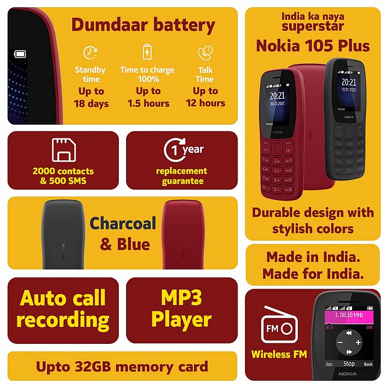 Nokia 105 Plus Single SIM, Keypad Mobile Phone with Wireless FM Radio, Memory Card Slot and MP3 Player | Charcoal