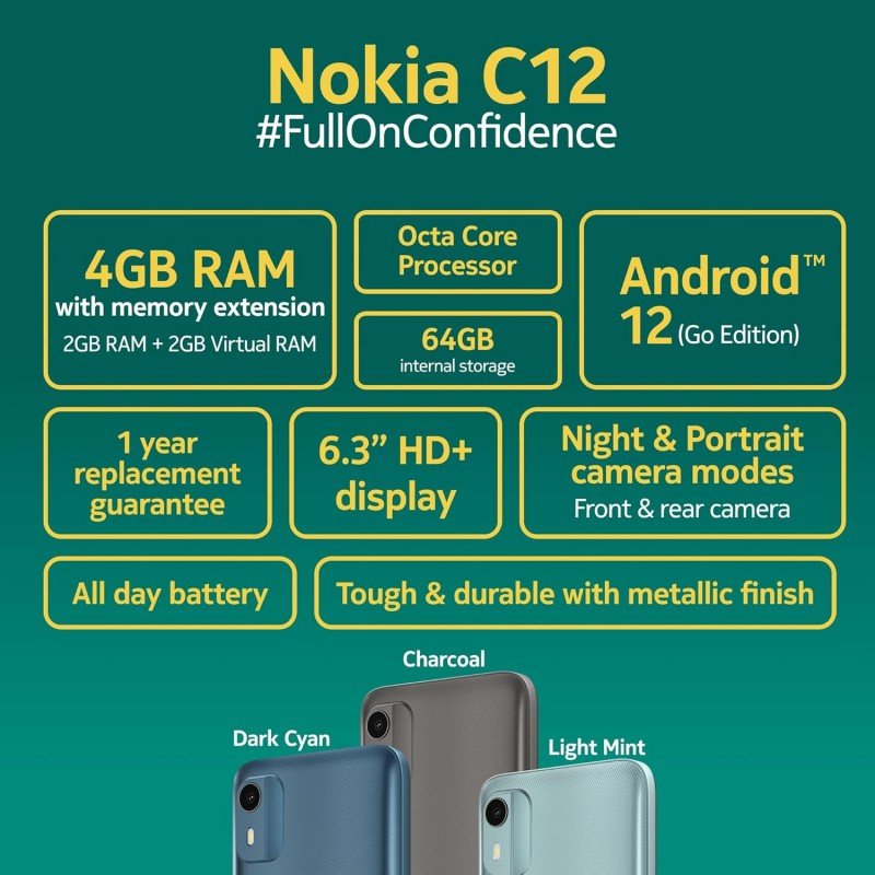 Nokia C12 Android 12 (Go Edition) Smartphone, All-Day Battery, 4GB RAM + 64GB Storage | Charcoal (open box ) Nokia C12 Android 12 (Go Edition) Smartphone, All-Day Battery, 4GB RAM + 64GB Storage | Charcoal (open box )
