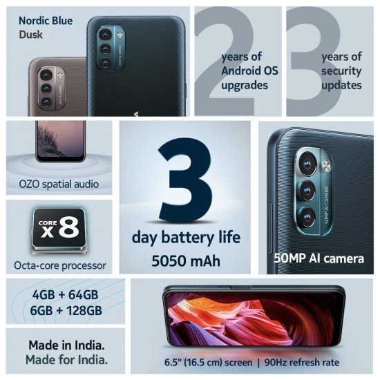 Nokia G21 Android Smartphone, Dual SIM, 3-Day Battery 4GB RAM + 64GB Storage Refurbished