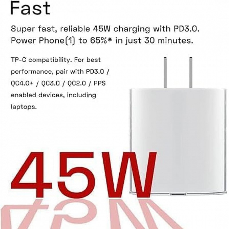 Nothing 45W Rapid Type C Mobile Phone Charger Adapter Compatible with Nothing Phone 2, Phone 1, [PD, PPS Technology] Support Rapidly Charging 45 Watt USB-C Power Delivery Charge Adaptor, White