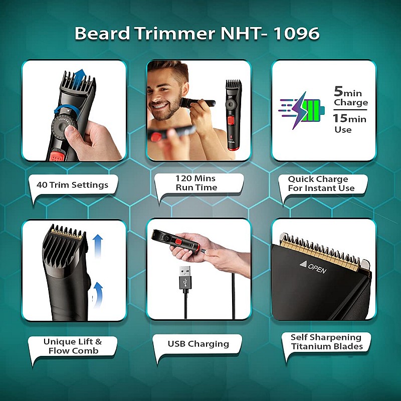 Nova Beard Trimmer NHT 1096 with 40 length settings: 120 Minutes Runtime & USB Fast Charging (Black)