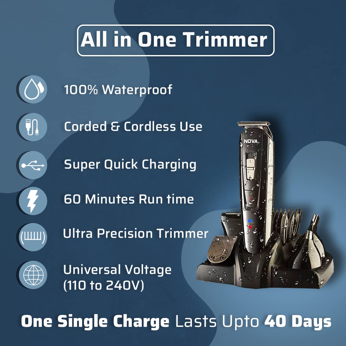 Nova NG 1151 All In One 100% Waterproof Corded N Cordless: 60 Minutes Runtime Hair Trimmer Grooming Kit For Men (Black) Nova NG 1151 All In One 100% Waterproof Corded N Cordless: 60 Minutes Runtime Hair Trimmer Grooming Kit For Men (Black)