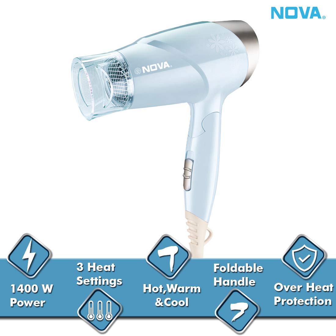 Nova NHP 8203 Premium 1400 Watts Hot & Cold Foldable Hair Dryer for Women (Blue) Nova NHP 8203 Premium 1400 Watts Hot & Cold Foldable Hair Dryer for Women (Blue)