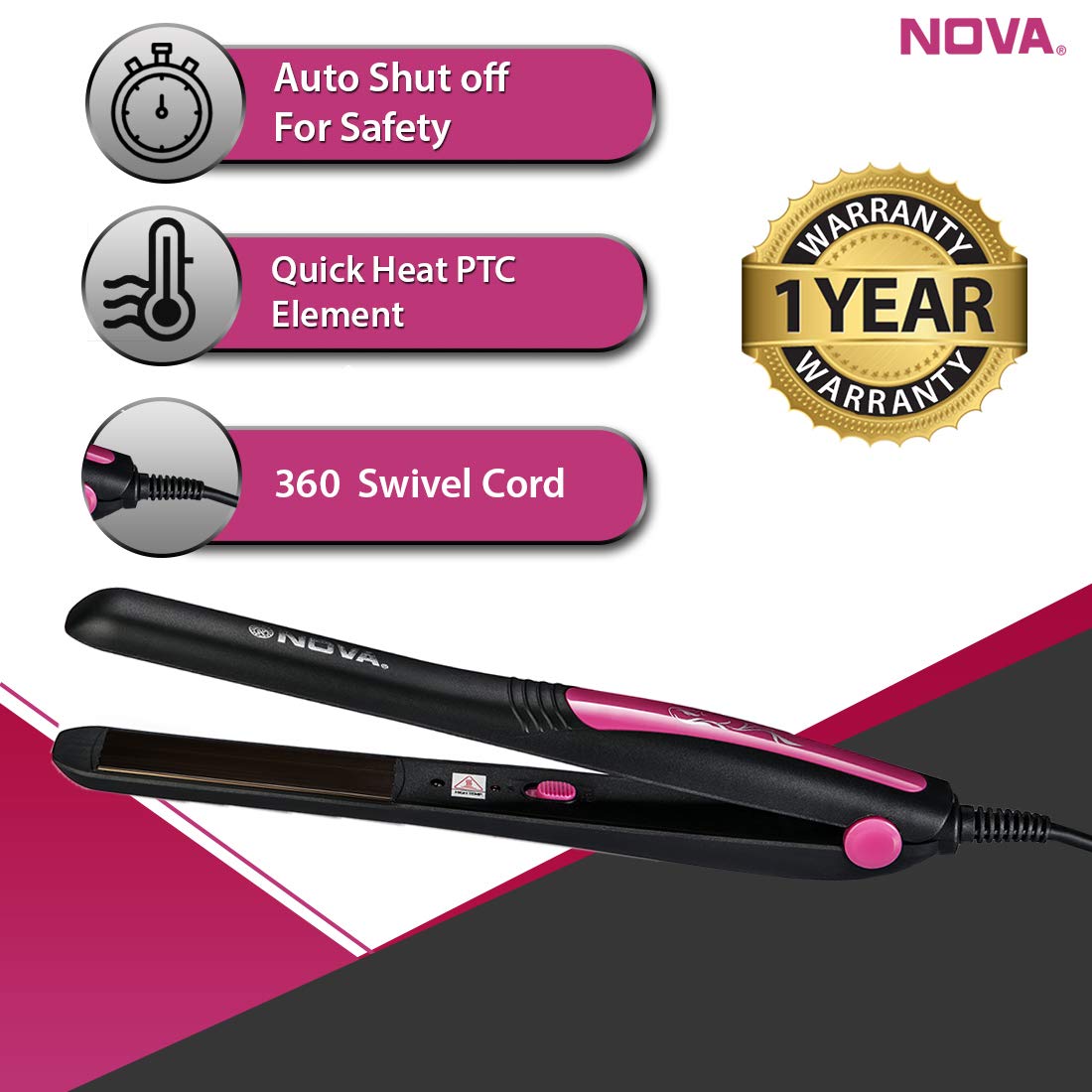 Nova NHS - 840 Selfie Hair Straightener for Women (Pink)