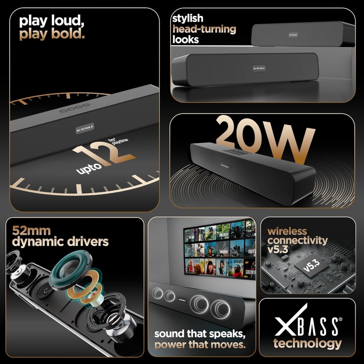 Nu Republic Soundbar 20 Bluetooth Soundbar with X-Bass Technology, 52mm Dynamic Drivers,