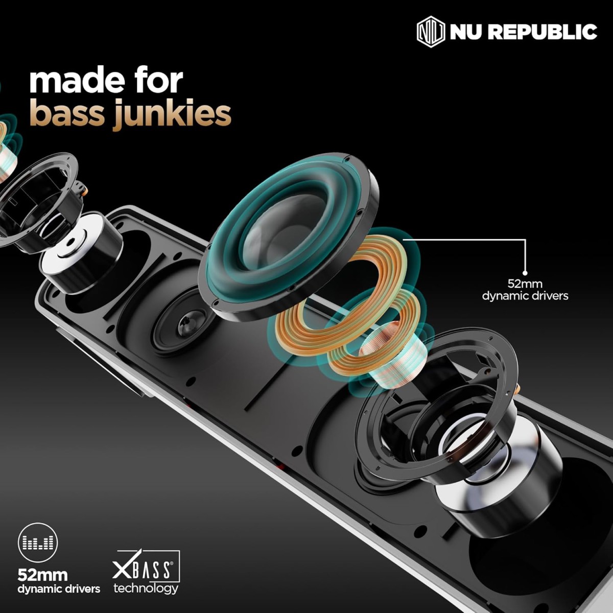 Nu Republic Soundbar 20 Bluetooth Soundbar with X-Bass Technology, 52mm Dynamic Drivers,