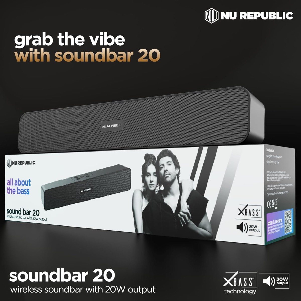 Nu Republic Soundbar 20 Bluetooth Soundbar with X-Bass Technology, 52mm Dynamic Drivers,