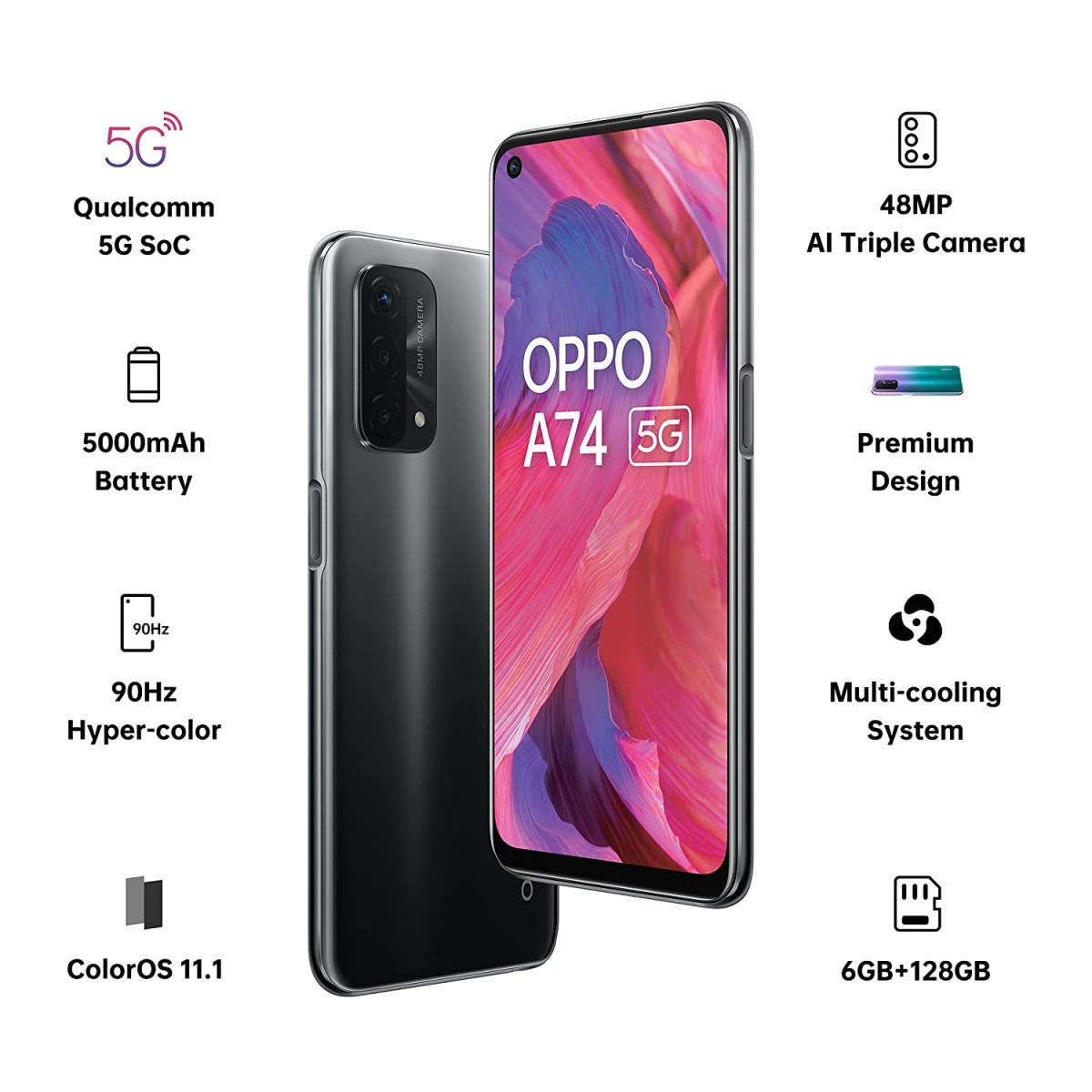 OPPO A74 5G (Fluid Black, 6GB RAM, 128GB Storage) refurbished