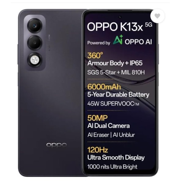 OPPO K13x 5G 6000mAh and 45W SUPERVOOC Charger & AI (Midnight Violet, 128 GB) (6 GB RAM)
