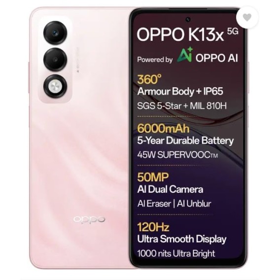 OPPO K13x 5G 6000mAh and 45W SUPERVOOC Charger & AI (Sunset Peach, 128 GB) (6 GB RAM)