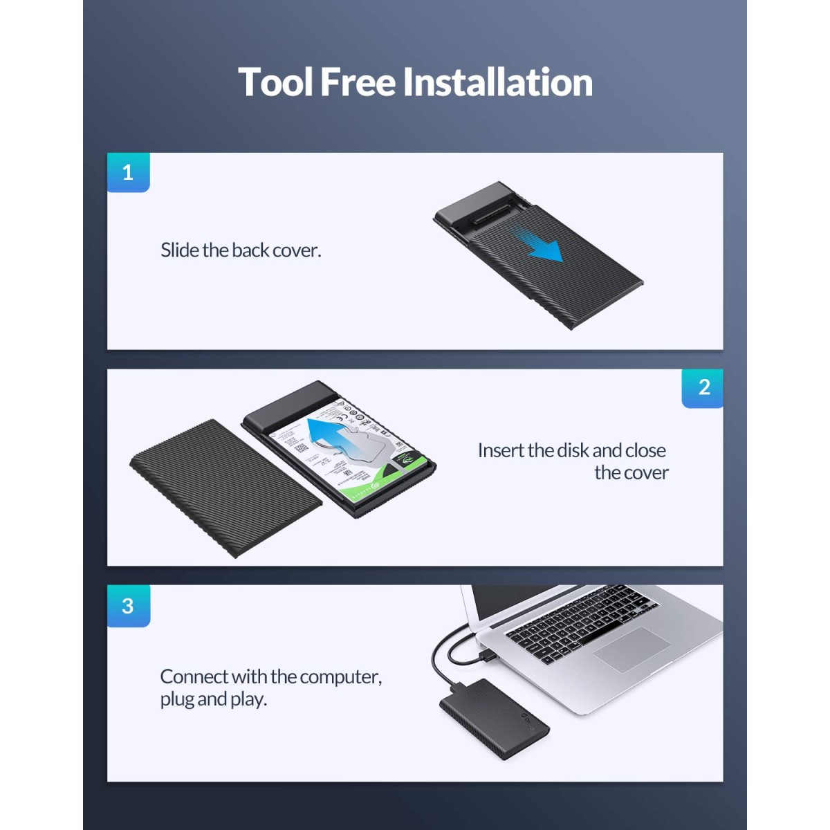 ORICO 2.5 Type C Enclosure External SATA to USB3.1 Gen1 Hard Drive Case Portable USB C Disk Adapter for 7/9.5mm HDD/SSD Tool Free Max 4TB Support UASP Compatible with PS4, Xbox, PC, TV (2521C3)
