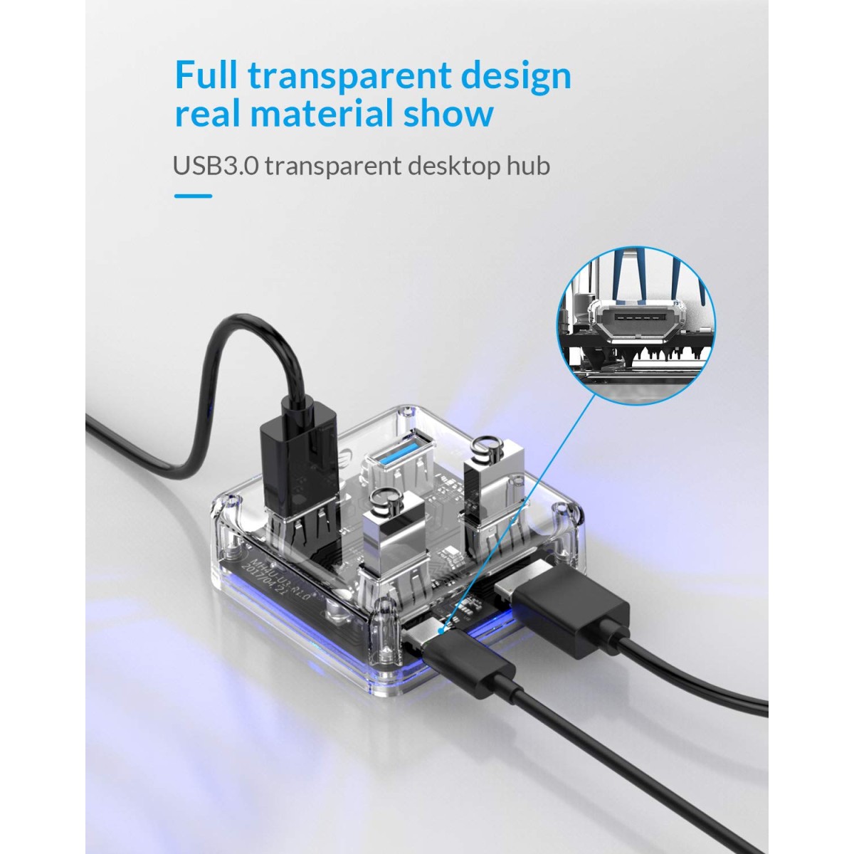 ORICO 4 Ports Hub Transparent USB 3.0 Hub Support Offline Powered and OTG Function with 30CM Cable