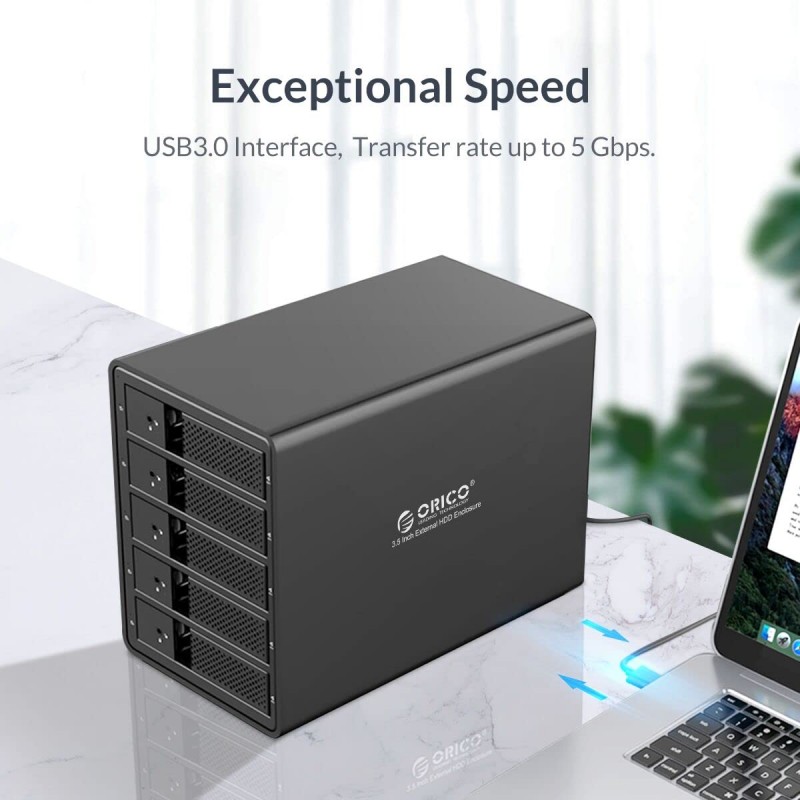 ORICO 5 Bay USB 3.0 3.5 inch External Hard Drive Enclosure Support 80TB (5 x 16TB) Aluminum Alloy HDD Enclosure with Fan / 150W / Disk Data Storage (Hard Drive Not Included)