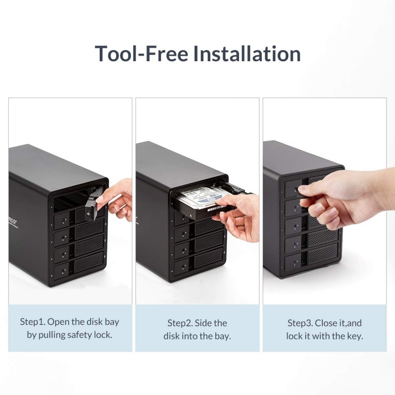 ORICO 5 Bay USB 3.0 3.5 inch External Hard Drive Enclosure Support 80TB (5 x 16TB) Aluminum Alloy HDD Enclosure with Fan / 150W / Disk Data Storage (Hard Drive Not Included)