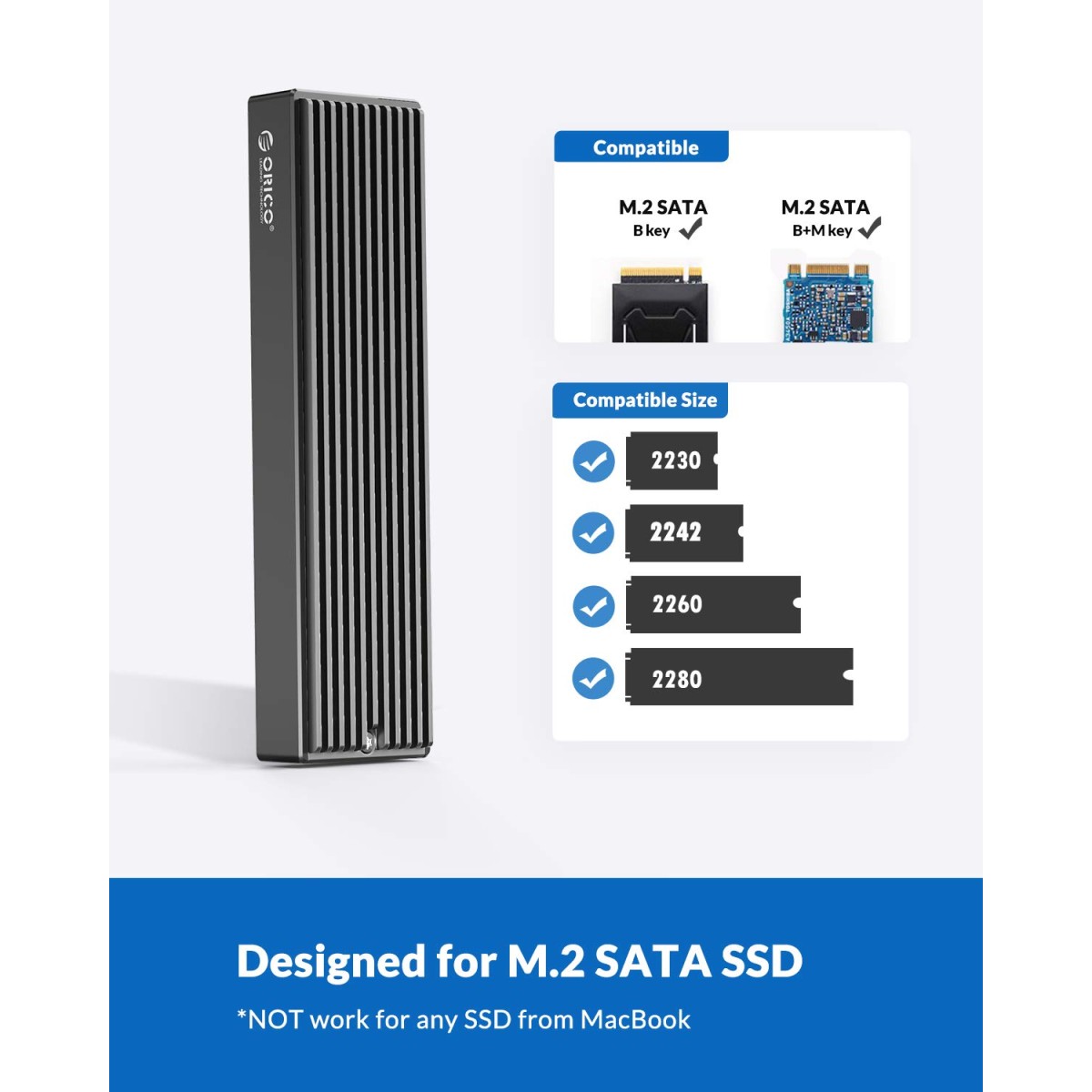 ORICO M.2 SATA B+M/B Key SSD Enclosure USB 3.1 Type C 5Gbps External Solid State Enclosure Adapter for 2280/2260/2242/2230 M.2 NGFF SSD 4TB Max, NOT Supoort PCIe NVMe/AHCI M.2 SSD-M2PF
