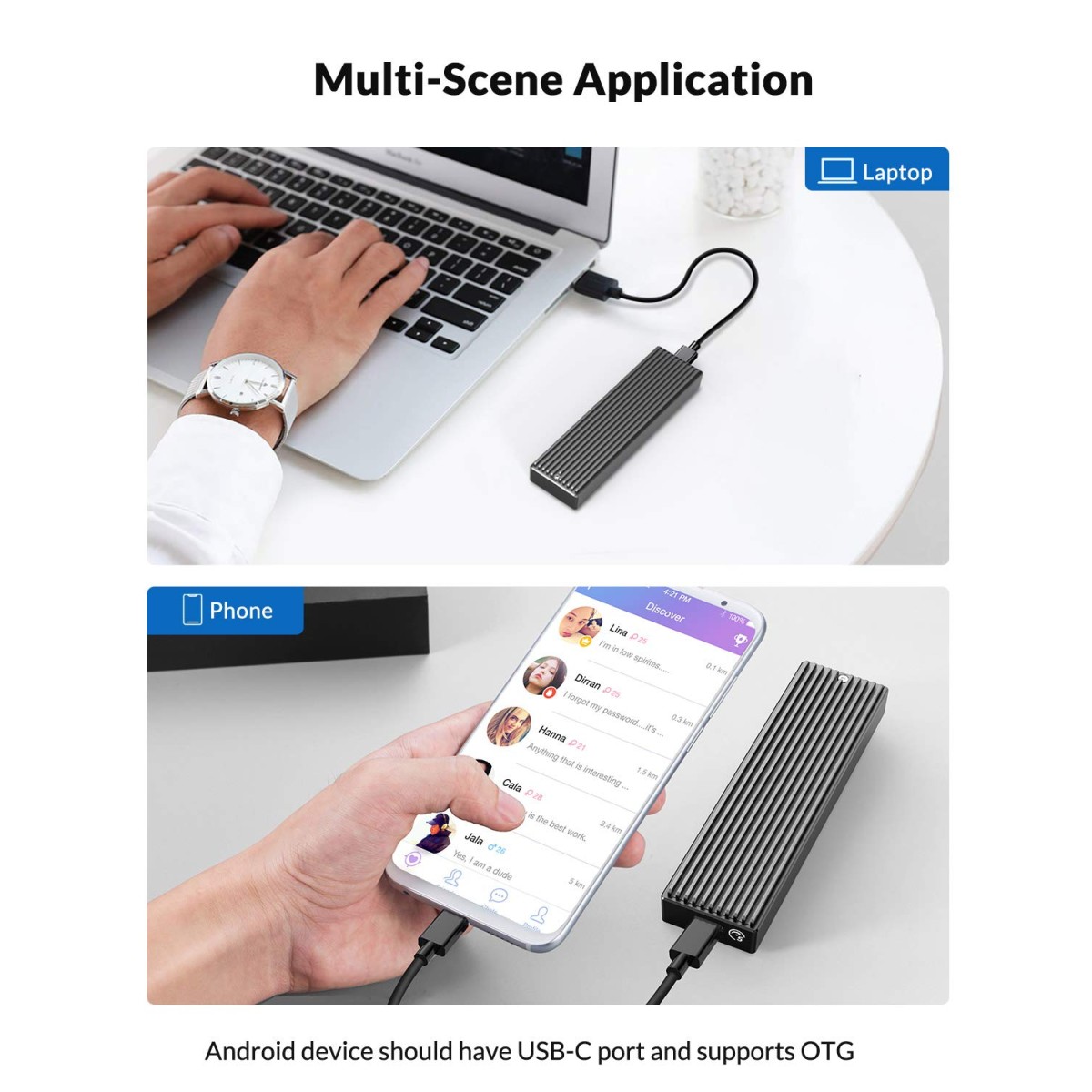 ORICO M.2 SATA B+M/B Key SSD Enclosure USB 3.1 Type C 5Gbps External Solid State Enclosure Adapter for 2280/2260/2242/2230 M.2 NGFF SSD 4TB Max, NOT Supoort PCIe NVMe/AHCI M.2 SSD-M2PF