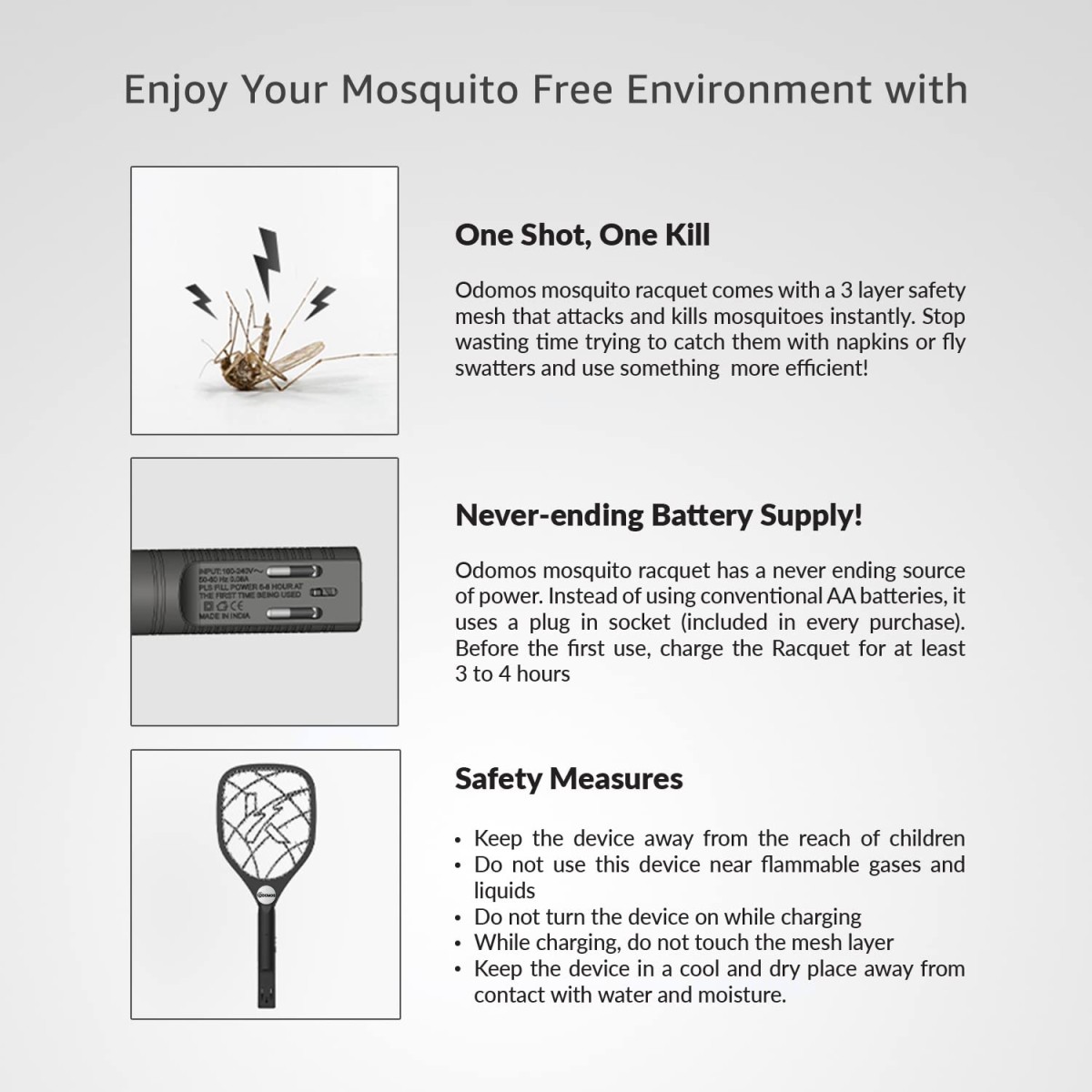 Odomos Attack Anti - Mosquito Rechargeable Racquet | 500mAH Battery | Large Net Area for Better Coverage | Long Lasting Internal Battery with Plug in Socket | 6 Months Warranty (Black) Odomos Attack Anti - Mosquito Rechargeable Racquet | 500mAH Battery | Large Net Area for Better Coverage | Long Lasting Internal Battery with Plug in Socket | 6 Months Warranty (Black)