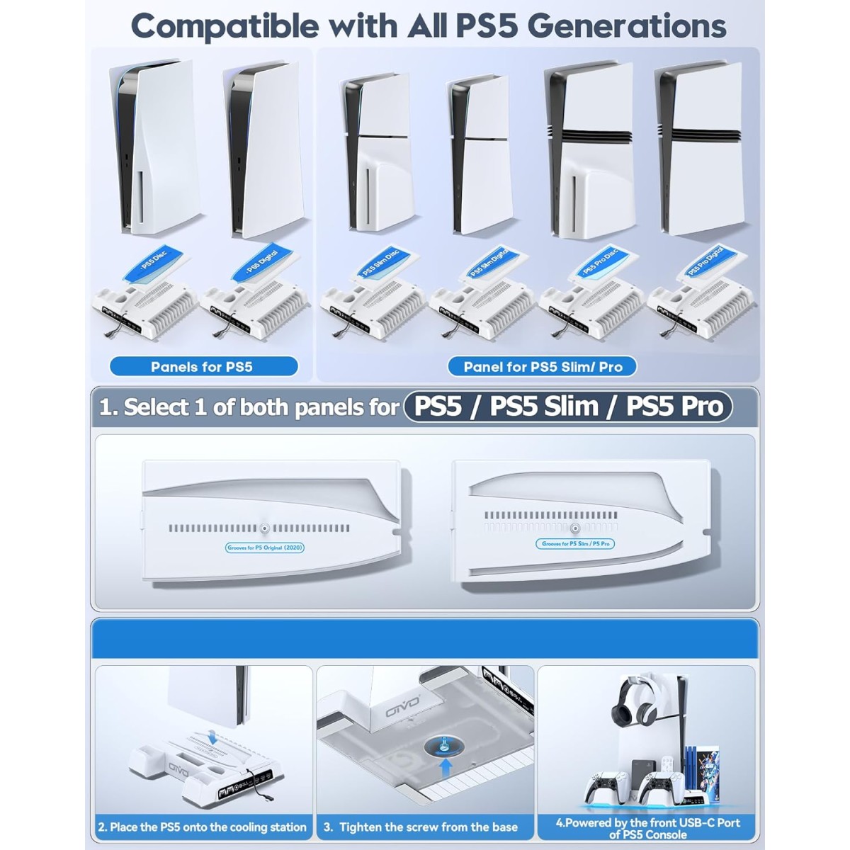 Oivo Ps5 Stand Suction Cooling Station With Ac Adapter Controller Charging Station for PS5 Playstation 5 Console, Cooling Fan Stand, Controller Charger Accessories, 12 Slots, Headset Holder Tabletop
