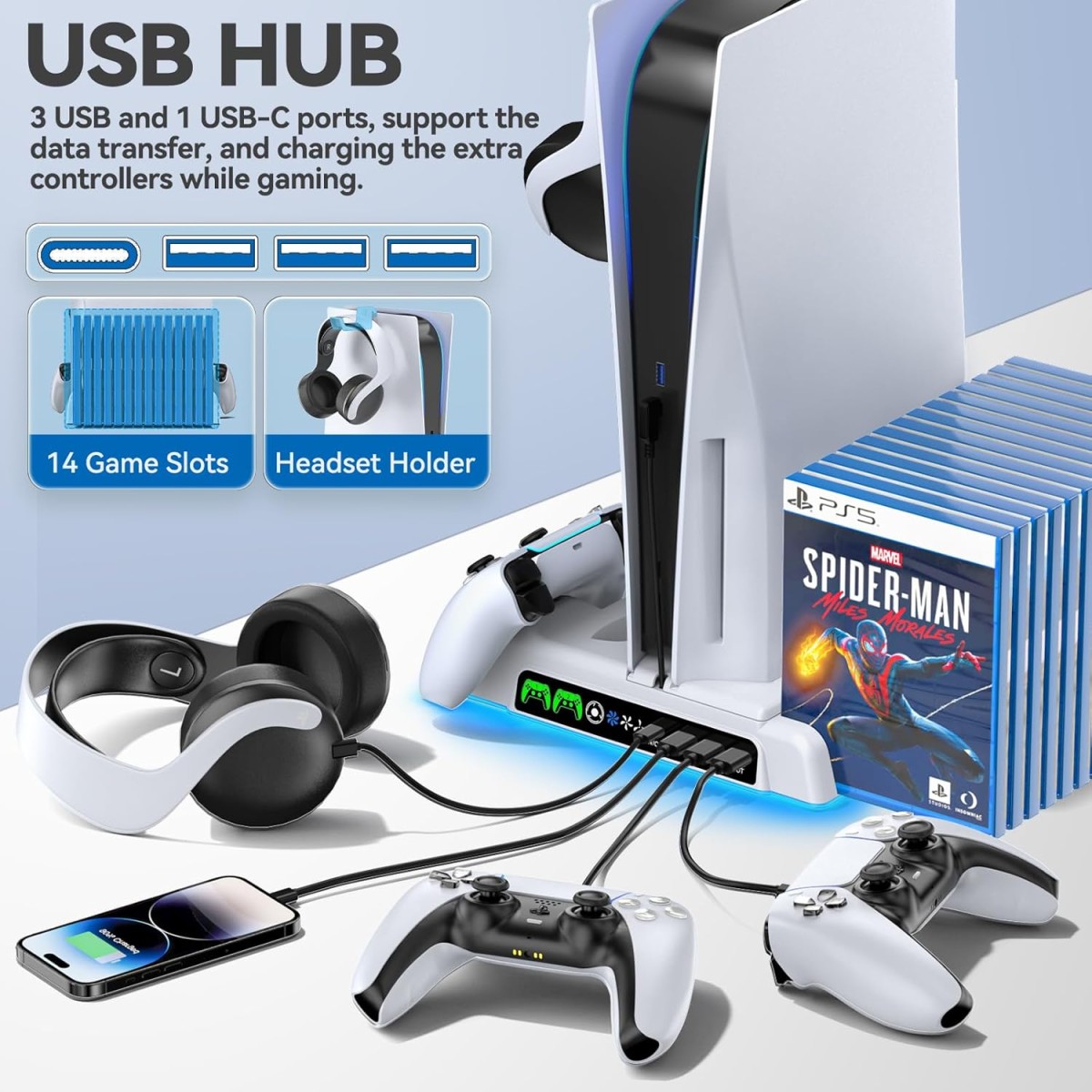 Oivo Ps5 Stand Suction Cooling Station With Ac Adapter Controller Charging Station for PS5 Playstation 5 Console, Cooling Fan Stand, Controller Charger Accessories, 12 Slots, Headset Holder Tabletop