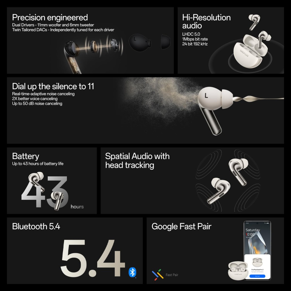 OnePlus Buds Pro 3 Bluetooth TWS in-Ear Buds – Dual Drivers, Dual DACs, Dynaudio EQs, AI-Powered Translator, Up to 50dB Adaptive Noise Cancellation, Up to 43Hrs Battery. OnePlus Buds Pro 3 Bluetooth TWS in-Ear Buds – Dual Drivers, Dual DACs, Dynaudio EQs, AI-Powered Translator, Up to 50dB Adaptive Noise Cancellation, Up to 43Hrs Battery.