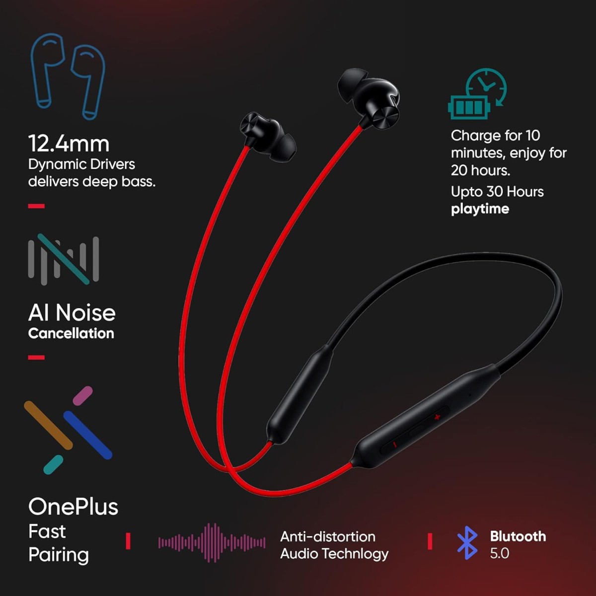 OnePlus Bullets Z2 Bluetooth Wireless in Ear Earphones (Acoustic Red)