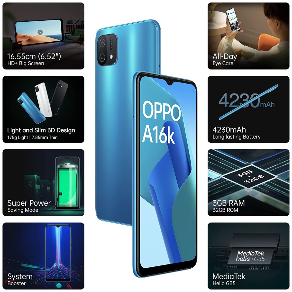 Oppo A16k (Blue, 3GB RAM, 32GB Storage) refurbished