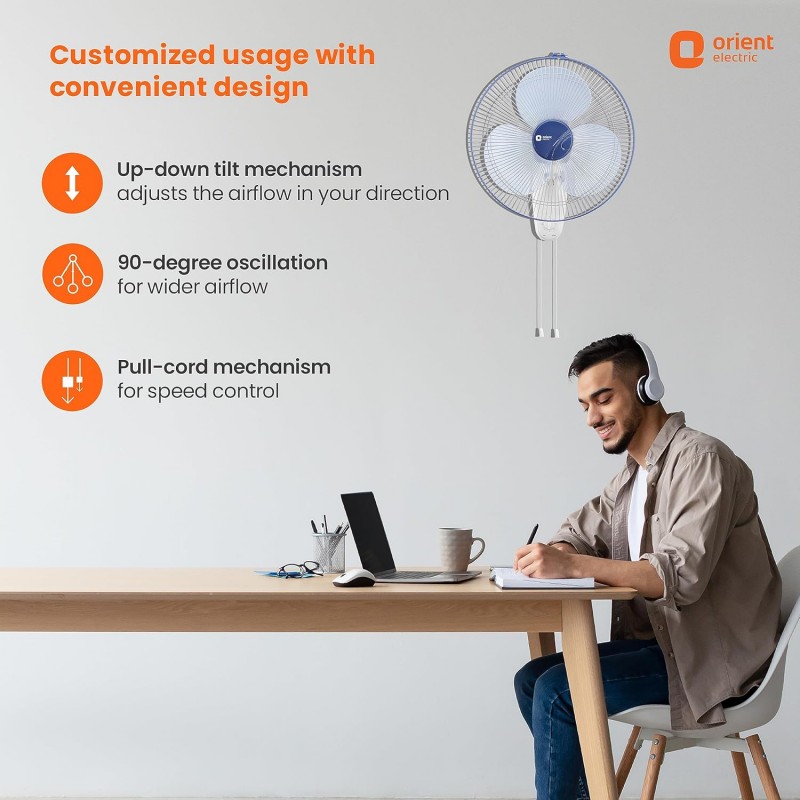 Orient Electric 400 MM Wall-44 Wall Fan | Wall Mount Fan for Home & Kitchen | Powerful Motor with High Air Delivery | Smooth Oscilation, 3-Speed Control | 2 Years Warranty by Orient | Azure Blue