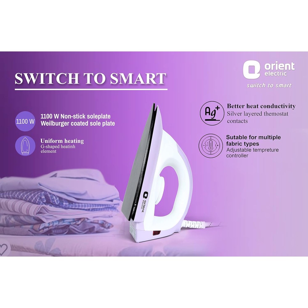 Orient Electric PANACHE PLUS 1100-WATT DRY IRON (DIPCP11LP, WHITE AND PURPLE), 1100 watts, ABS
