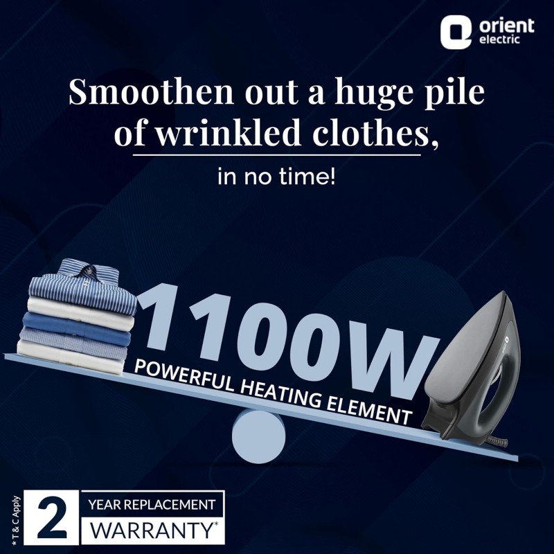 Orient electric Gusto heavy weight Iron for clothes | 1100 Power | Cool touch plastic body | With Wielburger Non-stick coating| 2 Years replacement warranty Orient electric Gusto heavy weight Iron for clothes | 1100 Power | Cool touch plastic body | With Wielburger Non-stick coating| 2 Years replacement warranty