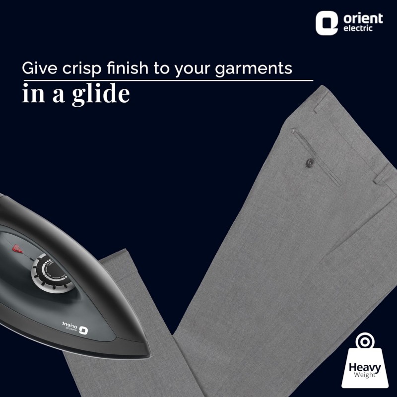 Orient electric Gusto heavy weight Iron for clothes | 1100 Power | Cool touch plastic body | With Wielburger Non-stick coating| 2 Years replacement warranty Orient electric Gusto heavy weight Iron for clothes | 1100 Power | Cool touch plastic body | With Wielburger Non-stick coating| 2 Years replacement warranty