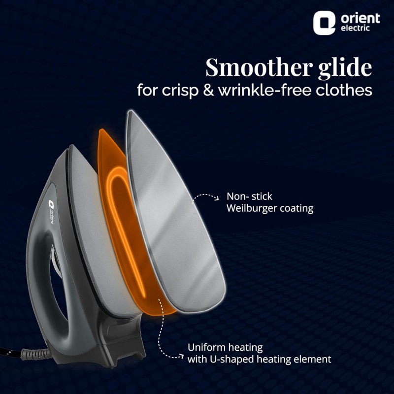 Orient electric Gusto heavy weight Iron for clothes | 1100 Power | Cool touch plastic body | With Wielburger Non-stick coating| 2 Years replacement warranty Orient electric Gusto heavy weight Iron for clothes | 1100 Power | Cool touch plastic body | With Wielburger Non-stick coating| 2 Years replacement warranty
