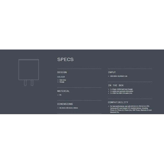 CMF by Nothing 100 W Power GaN 5 A 3 Port Mobile Charger with Detachable Cable (Dark Grey, Cable Included) CMF by Nothing 100 W Power GaN 5 A 3 Port Mobile Charger with Detachable Cable (Dark Grey, Cable Included)