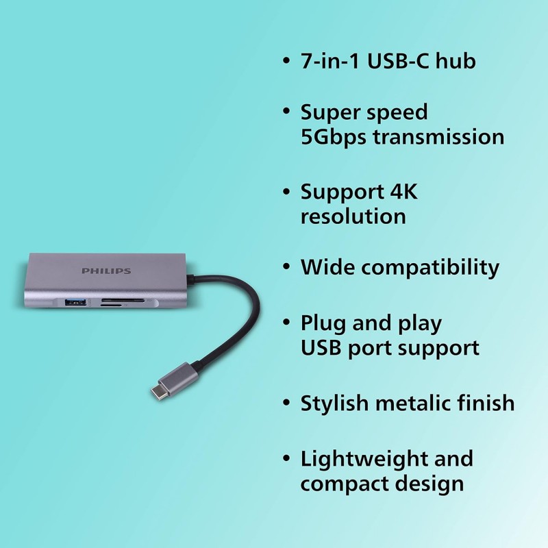 PHILIPS 7 in 1 USB Type C to HDMI 4K 30Hz + 3 x USB A + PD (max 60W) + Micro SD Card Slot + SD Card Slot Dock Adapter for MacBook, Windows OS, iPad, Chromebook, Surface, Android Type C Port Devices