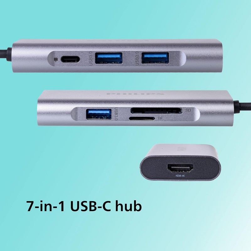 PHILIPS 7 in 1 USB Type C to HDMI 4K 30Hz + 3 x USB A + PD (max 60W) + Micro SD Card Slot + SD Card Slot Dock Adapter for MacBook, Windows OS, iPad, Chromebook, Surface, Android Type C Port Devices