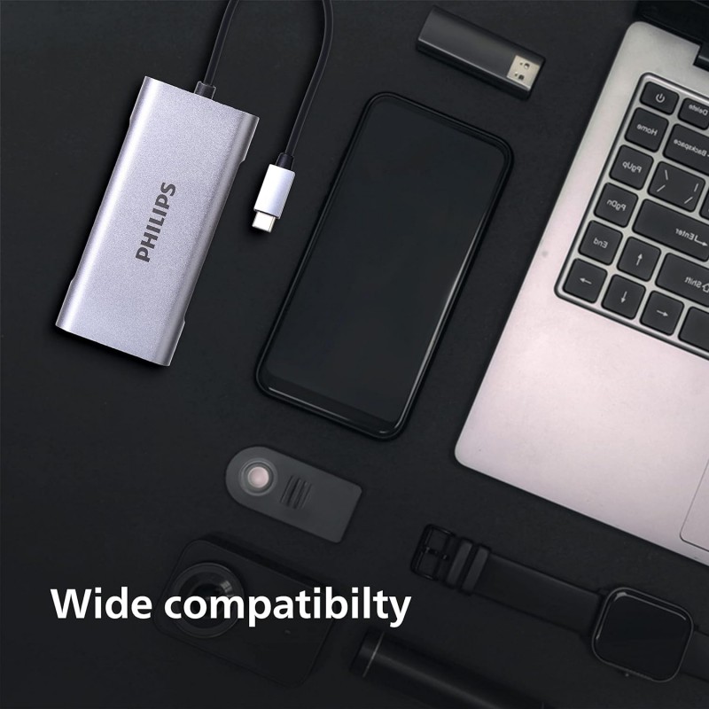 PHILIPS 7 in 1 USB Type C to HDMI 4K 30Hz + 3 x USB A + PD (max 60W) + Micro SD Card Slot + SD Card Slot Dock Adapter for MacBook, Windows OS, iPad, Chromebook, Surface, Android Type C Port Devices