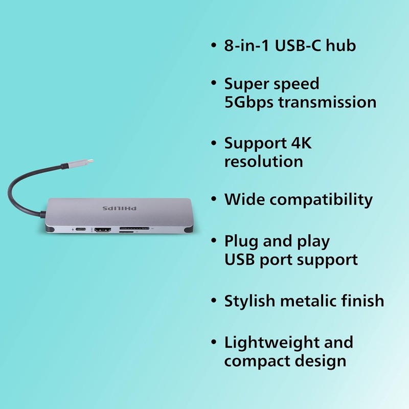 PHILIPS 7 in 1 USB Type C to HDMI 4K 30Hz + 3 x USB A + PD (max 60W) + Micro SD Card Slot + SD Card Slot Dock Adapter for MacBook, Windows OS, iPad, Chromebook, Surface, Android Type C Port Devices