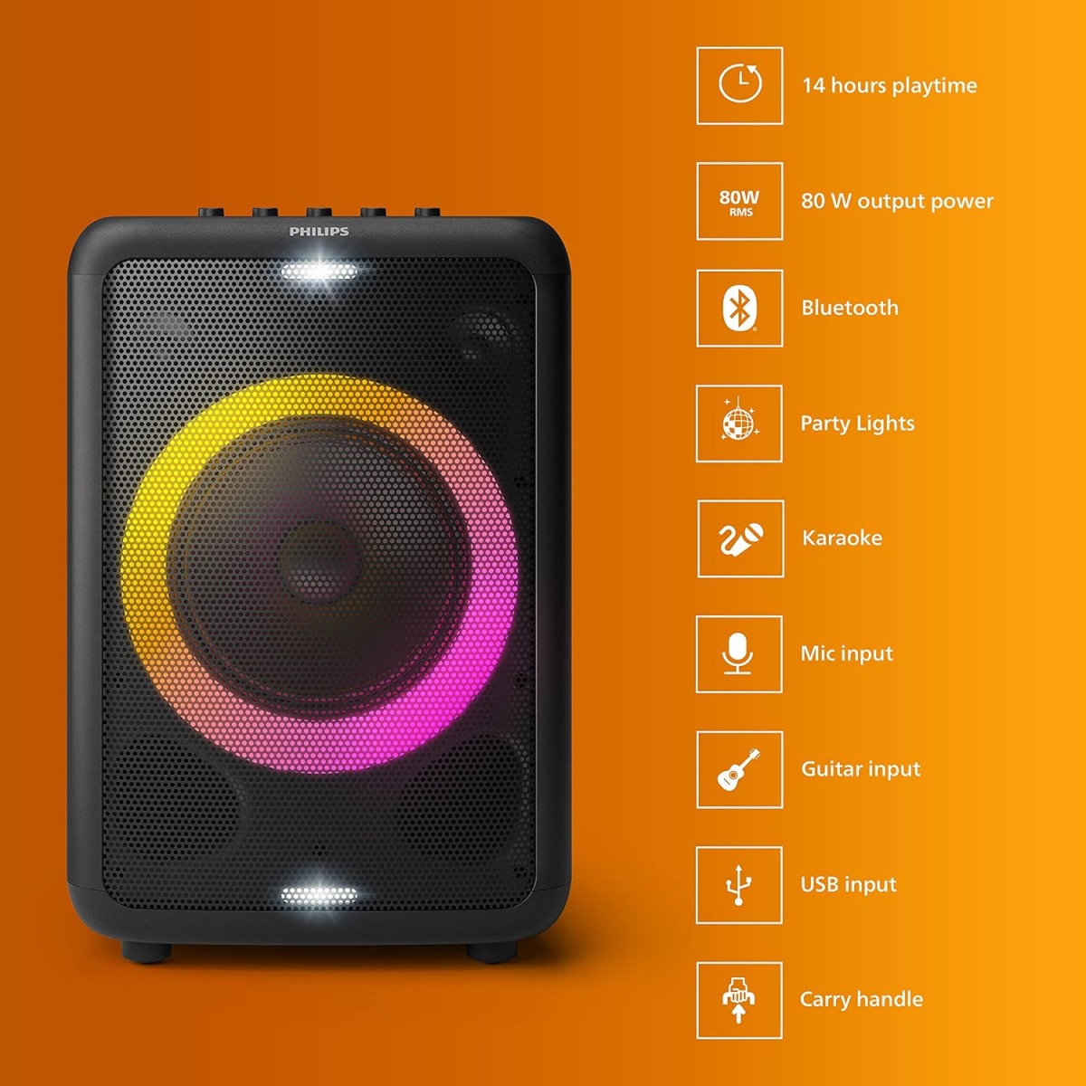 PHILIPS Audio TAX3206/94 80W Bluetooth Party Speaker with 14 Hours Play Time, Karaoke Features, Guitar and Mic Input, Party Lights and Carry Handle (Black) PHILIPS Audio TAX3206/94 80W Bluetooth Party Speaker with 14 Hours Play Time, Karaoke Features, Guitar and Mic Input, Party Lights and Carry Handle (Black)