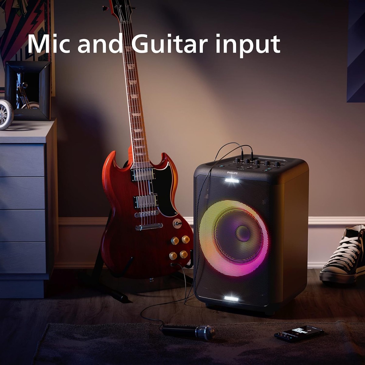 PHILIPS Audio TAX3206/94 80W Bluetooth Party Speaker with 14 Hours Play Time, Karaoke Features, Guitar and Mic Input, Party Lights and Carry Handle (Black) PHILIPS Audio TAX3206/94 80W Bluetooth Party Speaker with 14 Hours Play Time, Karaoke Features, Guitar and Mic Input, Party Lights and Carry Handle (Black)