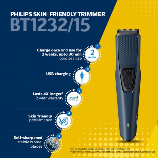 Philips bt1232/15 trimmer 30 mins runtime 3 length settings blue