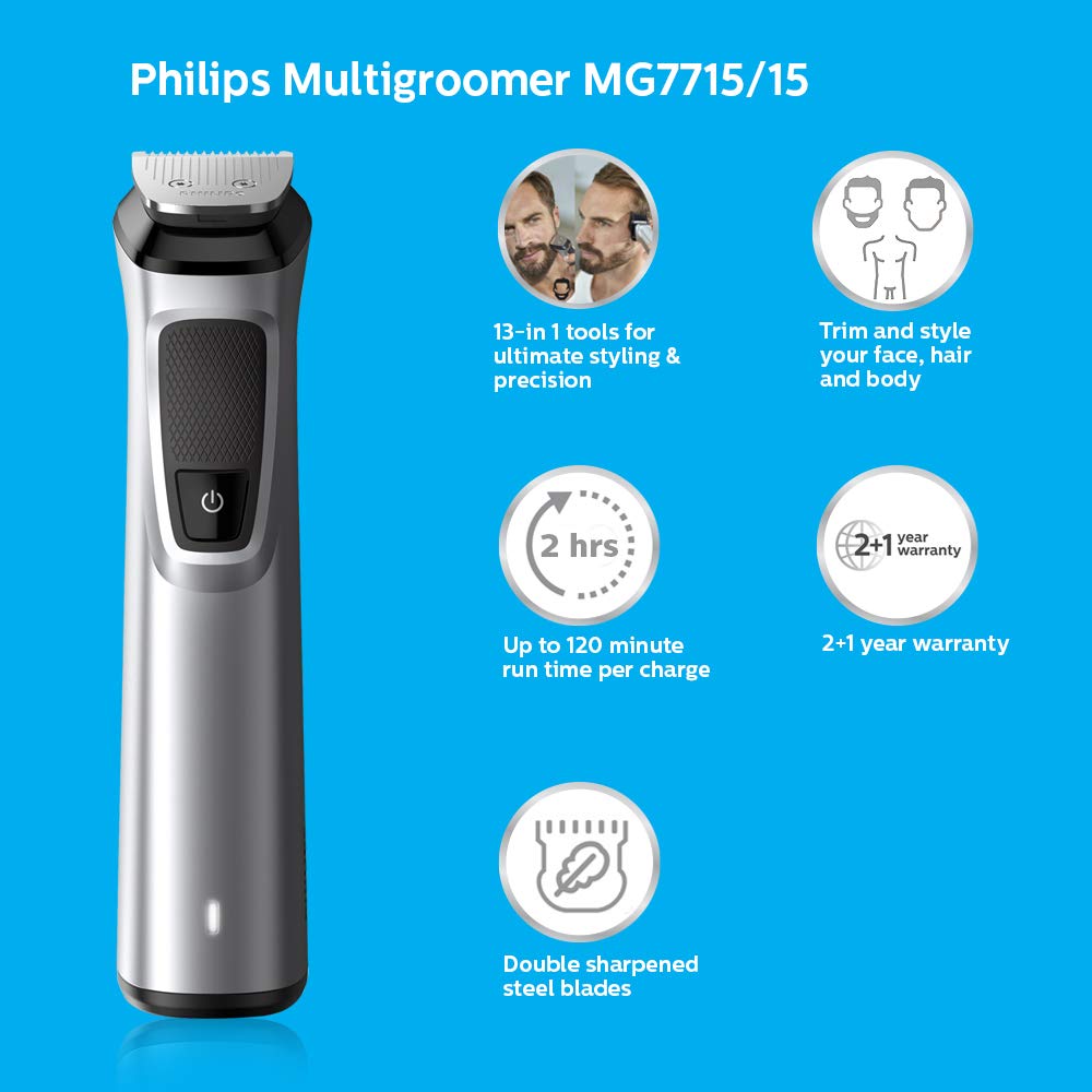 PHILIPS MG7715/15 Multigroom Series for Men 7000 13-in-1 (Old Model), Face, Hair and Body Trimmer/Clipper, Gray, Free Size (B072WNXLKJ)