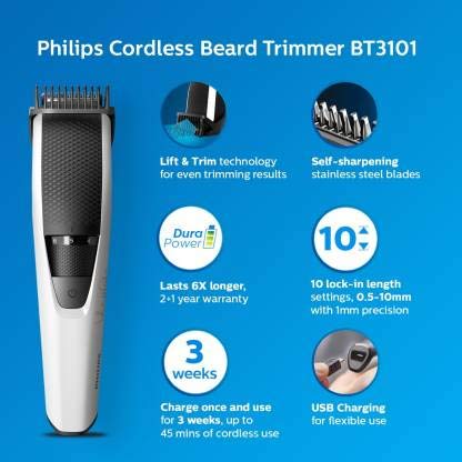 Philips men's bt3101/15 beard trimmer with lift and trim system of runtime: 45 min, multicolour Philips men's bt3101/15 beard trimmer with lift and trim system of runtime: 45 min, multicolour