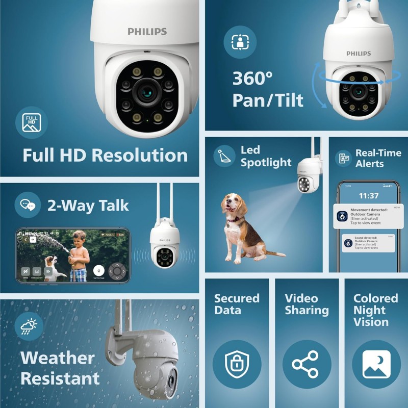 PHILIPS Outdoor Weatherproof WiFi CCTV Camera for Home | Pan Tilt Zoom, Color Night Vision, 2-Way Talk, AES-128bit Encryption| HSP3800