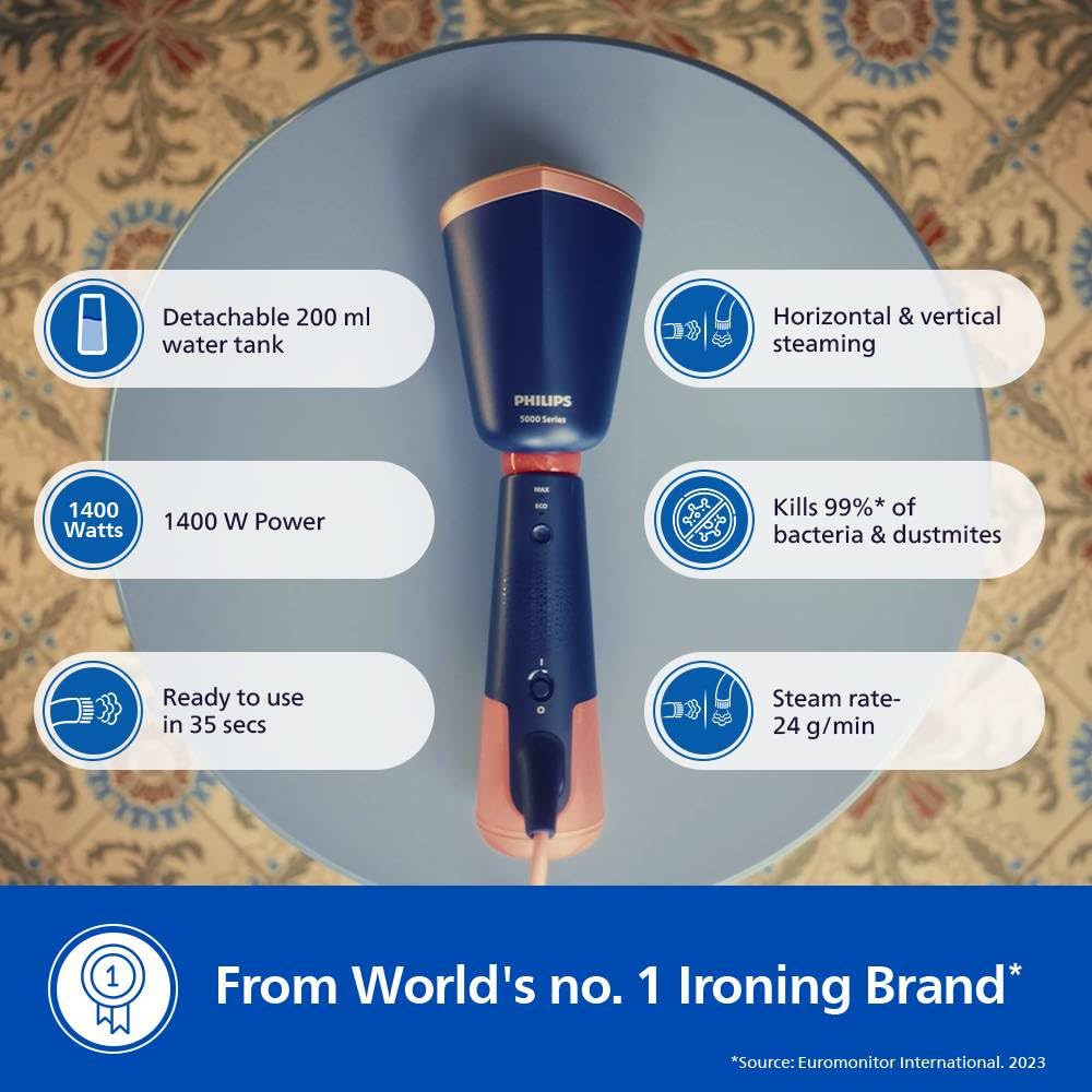 PHILIPS STH 5030/20 Handheld Garment Steamer, Two Water Tanks Glove Pouch & Mat Included, Hand Baggage Friendly Design, Adjustable Head for Horizontal & Vertical Steaming- No Burns Guaranteed,1400Watt PHILIPS STH 5030/20 Handheld Garment Steamer, Two Water Tanks Glove Pouch & Mat Included, Hand Baggage Friendly Design, Adjustable Head for Horizontal & Vertical Steaming- No Burns Guaranteed,1400Watt