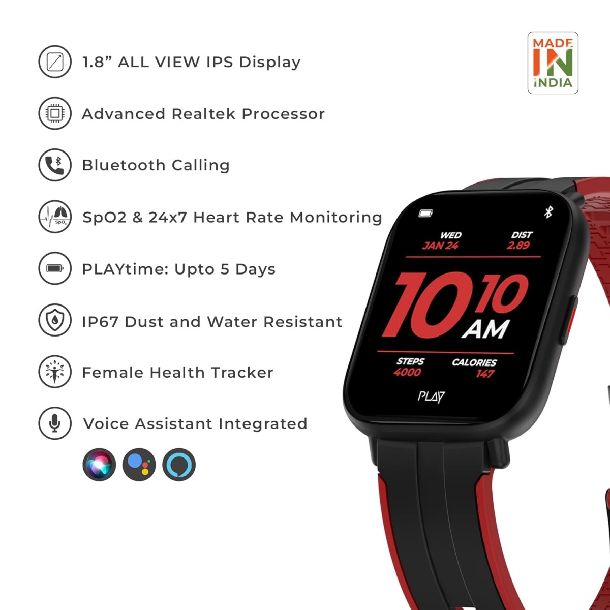 PLAYFIT XLPRO_Black+Red, IPS Display, IP67 Dust, Sweat & Water resistant, Full Metal Dial Design,(unbox)